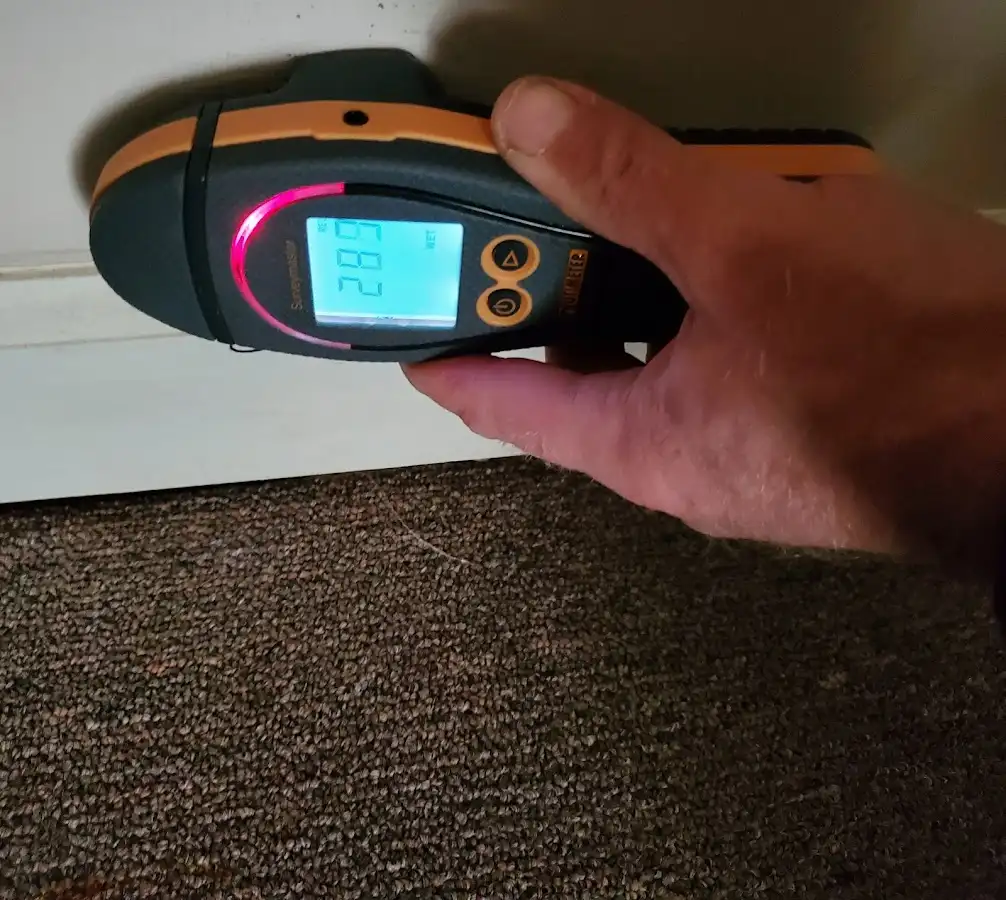 Moisture detection at baseboard during Storm Damage Restoration in Belterra